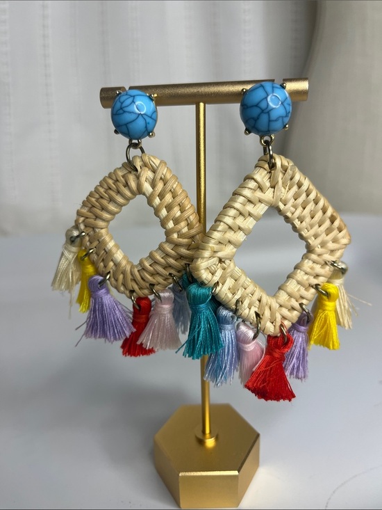 Jewelry - Boho Woven Diamond Tassel Earrings with Turquoise Button
